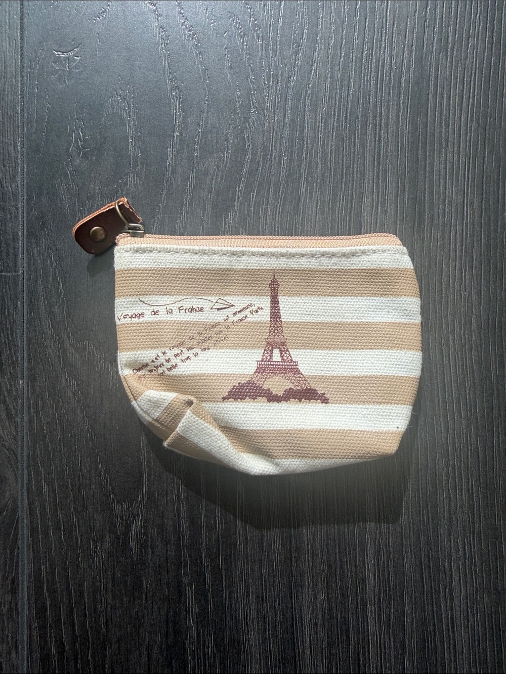 Striped Beige & White Eiffel Print Canvas Coin Purse